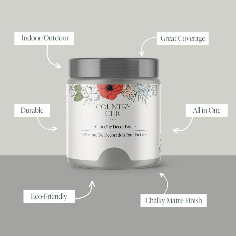 Country Chic Paint طلاء الطباشير الشامل بأسلوب ريفي للأثاث والخزائن وديكور المنزل، صديق للبيئة، لمسة نهائية غير لامعة، مع برايمر وطبقة علوية مدمجة للخشب والمعادن - شاطئ الحصى (رمادي) - ربع 32 أونصة (950 مل) - Image 2